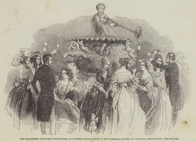 A csodálatos ezüst-aranyozott borhűtő, a windsori kastélyban, jelenet a Waterloo galériában, a királyi keresztelőn (metszet) alkotó: English School