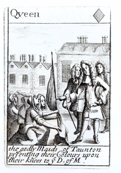 Taunton szobalányai Monmouth hercege előtt térdelve, 1685. június 18-án, a gyémántok királynője előtt, a Monmouths-lázadás emlékére készült játékkártya alkotó: English School