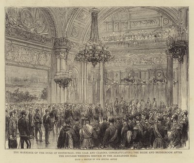 Edinburgh hercege, a cár és a cárnő házassága a menyasszonynak és a vőlegénynek gratulálva az angol esküvői istentisztelet után az Sándor-teremben (metszet) alkotó: English School