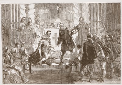 Lengyelország marsallja Anjou hercegtől követeli az esküt, illusztráció: James Aitken Wylie (1808-1890) A protestantizmus története című könyvéből, pub. 1878 alkotó: English School