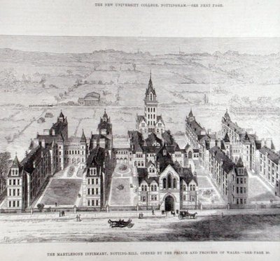 A Marylebone Infirmary, Notting Hill, melyet a walesi herceg és hercegnő nyitott meg, a The Illustrated London News 1881. február 7-i számából. alkotó: English School