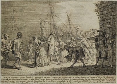 A legkiemelkedőbb Signor Senesinos partraszállás Angliában, 1726 körül alkotó: English School
