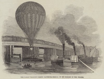 A Nassau léggömb áthalad a Battersea-hídon, a Temzén felfelé vezető átjárón (metszet) alkotó: English School