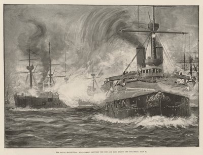 A haditengerészeti manőverek, a Vörös és a Kék Flotta harca Holyhead mellett, július 31. (litho) alkotó: English School