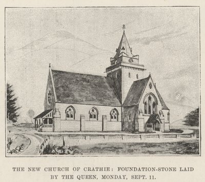 Crathie új temploma, a királynő által lerakott alapkő, hétfőn alkotó: English School