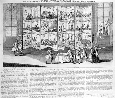 Az éjszakai látogatás vagy a visszaesés: Bob Fox, a zsonglőr csínyeivel, miközben Lady Britannia intézője, képernyőn, 1742 alkotó: English School