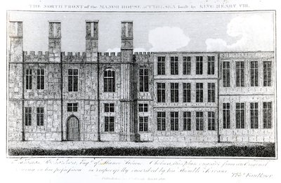 A chelsea-i kastély északi homlokzata, amelyet VIII. Henrik király épített, J. Barlow metszett, illusztráció Thomas Faulkner A Historical and Topographical Account of Chelsea and its Environs című könyvében, alkotó: English School