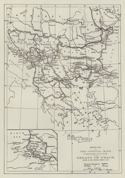 A békeszerződés hivatalos térképei, aláírva San Stefanóban, 1878. március 3-án (metszet) alkotó: English School