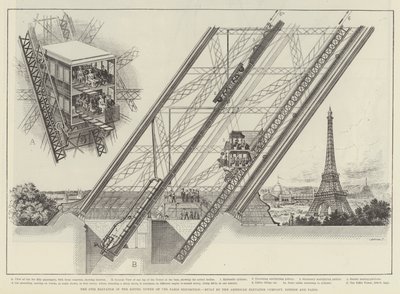 Az Otis lift a párizsi kiállítás Eiffel-toronyában, az American Elevator Company által épített, London és Párizs (metszet) alkotó: English School