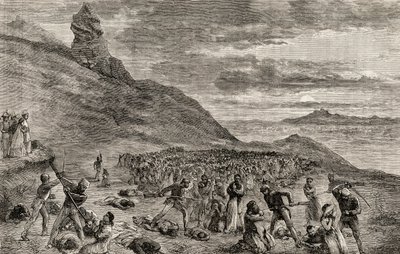 A keresztényüldözés és lemészárlás Madagaszkár szigetén 1849-ben, 1865 körül (fametszet) alkotó: English School