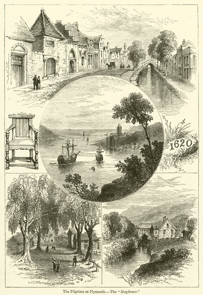 A plymouthi zarándokok, A "Mayflower" (metszet) alkotó: English School