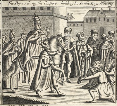 Lovagló pápa, kantárt tartó császár, előtte sétáló királyok, John Foxe illusztrációja a Cselekedetek és emlékművekből, kilencedik kiadás, kocsma. 1684 alkotó: English School