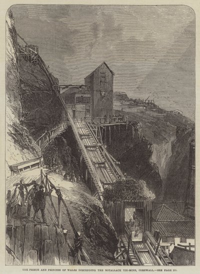 A walesi herceg és hercegnő leereszkedik a Botallack bádogbányába, Cornwallban (metszet) alkotó: English School