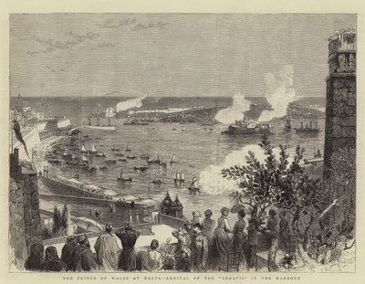 A walesi herceg Máltán, a "Serapis" érkezése a kikötőbe (metszet) alkotó: English School
