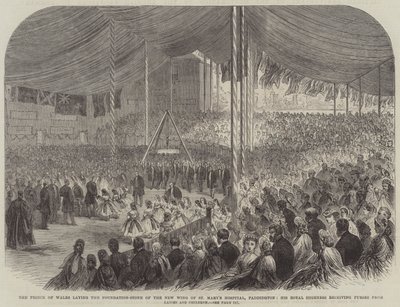 A walesi herceg lerakja a paddingtoni Szent Mária Kórház új szárnyának alapkövét, Ő Királyi Fensége hölgyek és gyerekek pénztárcáját kapja (metszet) alkotó: English School