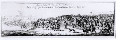 Károly (1630-85) és új királynője, Braganzai Katalin (1638-1705) felvonulása Portsmouthból Hampton Courtba, 1662 alkotó: English School