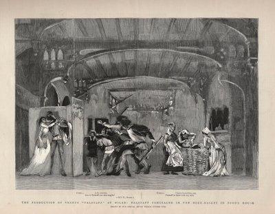 Giuseppe Verdi „Falstaff” című művének gyártása Milánóban, Falstaff a Ford házában található Buck-Basketben volt elrejtve. Illusztráció a grafikához alkotó: English School