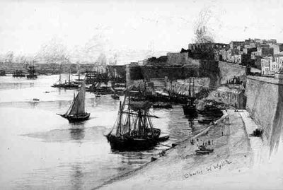 The Quays of the Grand Harbour, Valetta, Málta, a Cassell and Co. által kiadott "The Picturesque Mediterranean" 3. kötetéből. Ltd. alkotó: English School