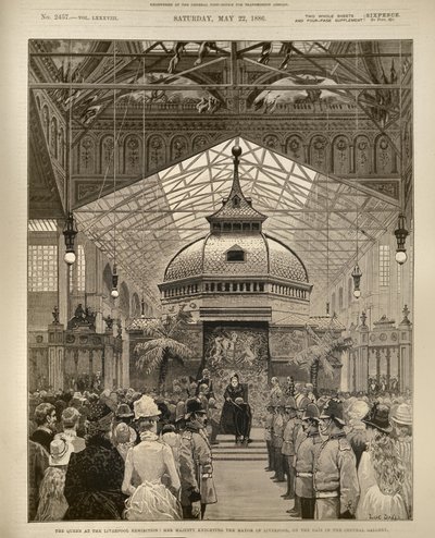 A királynő a liverpooli kiállításon: Őfelsége lovaggá üti Liverpool polgármesterét a Centrál Galériában, a The Illustrated London Newsból, 1886. május 22. alkotó: English School