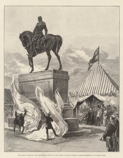 A királynő felavatja a Prince Consort lovas szobrát (Női Jubileumi Emlékmű) a Windsor Parkban (metszet) alkotó: English School