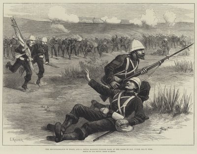 The Reconnaissance in Force, augusztus 5., a Királyi Tengerészgyalogosok visszaesnek a nap végén, erős tűz alatt (metszet) alkotó: English School