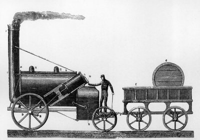A Rocket, gőzmozdony, amelyet George és Robert Stephenson tervezett és épített 1829-ben a Liverpool-Manchester vasút számára (metszet) alkotó: English School