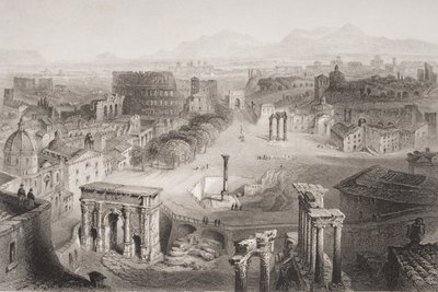 A római fórum a Capitolium-dombról, Rómából, metszett A. Willmore alkotó: English School