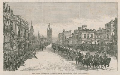 A királyi körmenet a Westminster-apátságból visszatér a Whitehallba alkotó: English School