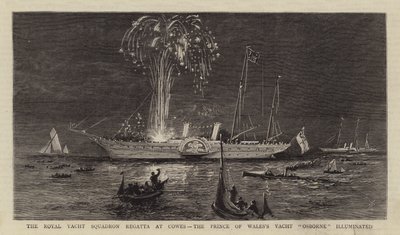 A Royal Yacht Squadron Regatta Cowes-ban, a walesi herceg "Osborne" jachtja megvilágítva (metszet) alkotó: English School