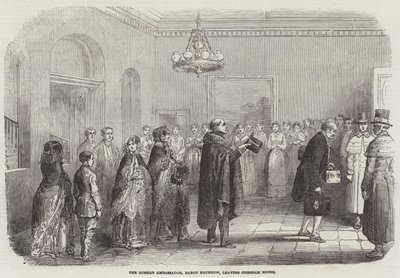 Az orosz nagykövet, Brunnow báró elhagyja a Chesham House-t (metszet) alkotó: English School