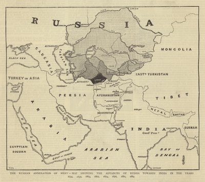 Merv orosz annektálása, Oroszország India felé való előretörését ábrázoló térkép az 1734, 1836, 1863, 1867, 1874, 1876, 1881, 1884 években alkotó: English School