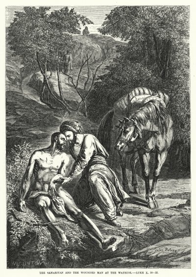 A szamaritánus és a sebesült ember az útszélen, Lukács X, 30-35 (metszet) alkotó: English School