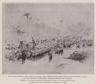 A Soudan Advance, az Atbara-i csata, a Cameron Highlanderek az ellenség Zareba felett lőttek, és a Seaforth Highlanderek a nyílásokon keresztül rohannak (litho) alkotó: English School