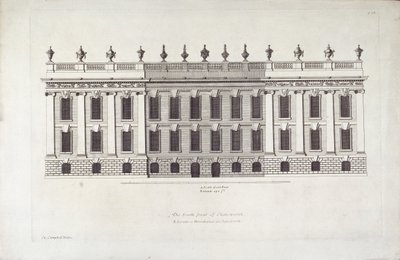 „Chatsworth déli frontja”, illusztráció a „Vitruvius Britannicus vagy A brit építész” című művéből, Colen Campbell (metszet) alkotó: English School