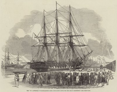 A "Szent Lőrinc" Southampton Dockban, árukat rak ki a Nagy Kiállításhoz (metszet) alkotó: English School