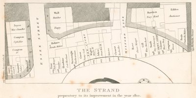 A londoni Strand 1810-es fejlesztése előtt; a terület terve alkotó: English School