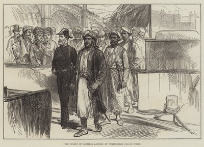Zanzibár szultána partraszállás a Westminster Palota lépcsőjénél (metszet) alkotó: English School