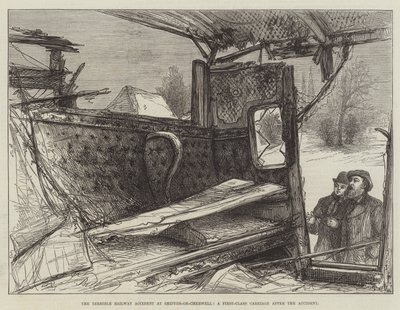 A szörnyű vasúti baleset Shipton-on-Cherwellben, egy első osztályú kocsi a baleset után (metszet) alkotó: English School