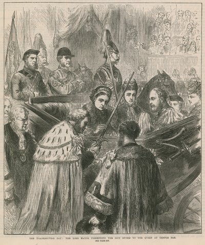 A hálaadás napja: A főpolgármester átadja a város kardját a királynőnek a Temple Barban alkotó: English School