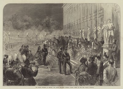 A három császár Berlinben, a koronahercegnő esti kerti partija az Új Palotában, Potsdam (metszet) alkotó: English School