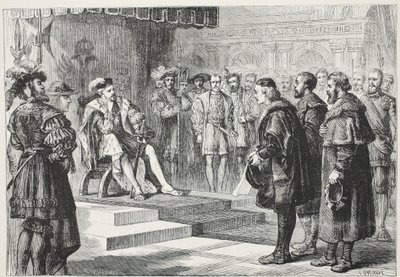 A három protestáns nagykövet Károly császár előtt, illusztráció: James Aitken Wylie (1808-1890) A protestantizmus története című könyvéből, pub. 1878 alkotó: English School