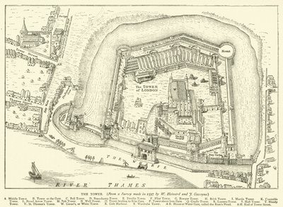 A torony W Haiward és J Gascoyne 1597-ben végzett felméréséből alkotó: English School
