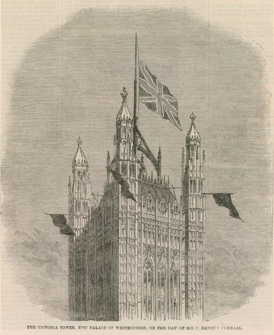 A Victoria Tower, az új Westminster-palota, Sir C Barnets temetésének napján alkotó: English School