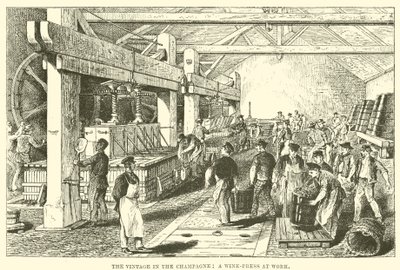 The Vintage in the Champagne: Egy borprés a munkahelyen (metszet) alkotó: English School