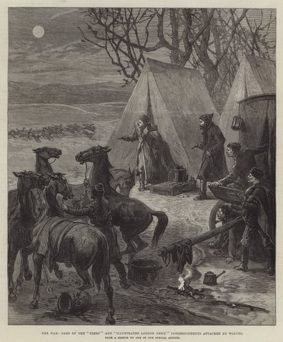A háború, a "Times" tábora és az "Illustrated London News" tudósítói, akiket a Farkasok megtámadtak (metszet) alkotó: English School