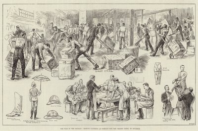 The War in the Soudan, ruházat készítés Pimlicóban a Souakimba tartó csapatoknak (metszet) alkotó: English School