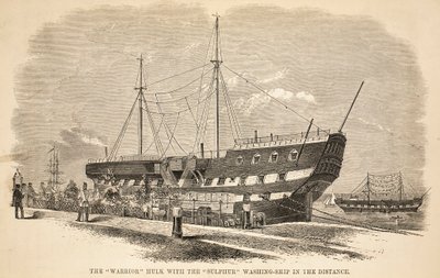 A Warrior hulk a Sulphur mosóhajóval a távolban, illusztráció a londoni büntetőbörtönből és Henry Mayhew és John Binny jelenetei a börtönéletből, kocsma. 1862 alkotó: English School