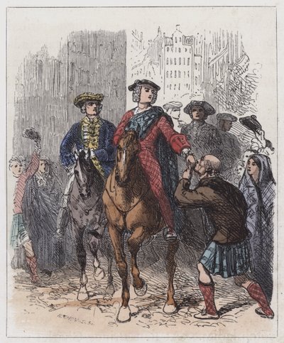 The Young Chevalier belépve Edinburghba (színes metszet) alkotó: English School