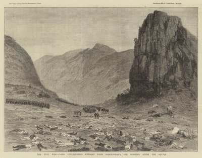 A zulu háború, Lord Chelmsford visszavonulása Isandlwanából a csata utáni reggelen (metszet) alkotó: English School