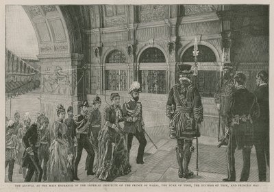 Megérkezés a walesi herceg császári intézetének főbejáratához, York hercege, Teck hercegné és May hercegnő alkotó: English School